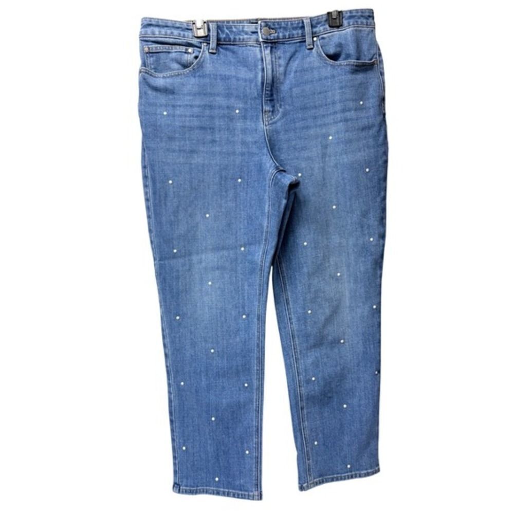 Talbots Slim Straight Ankle Jean Women 14 Blue‎ Pearl Studded Embellished Denim